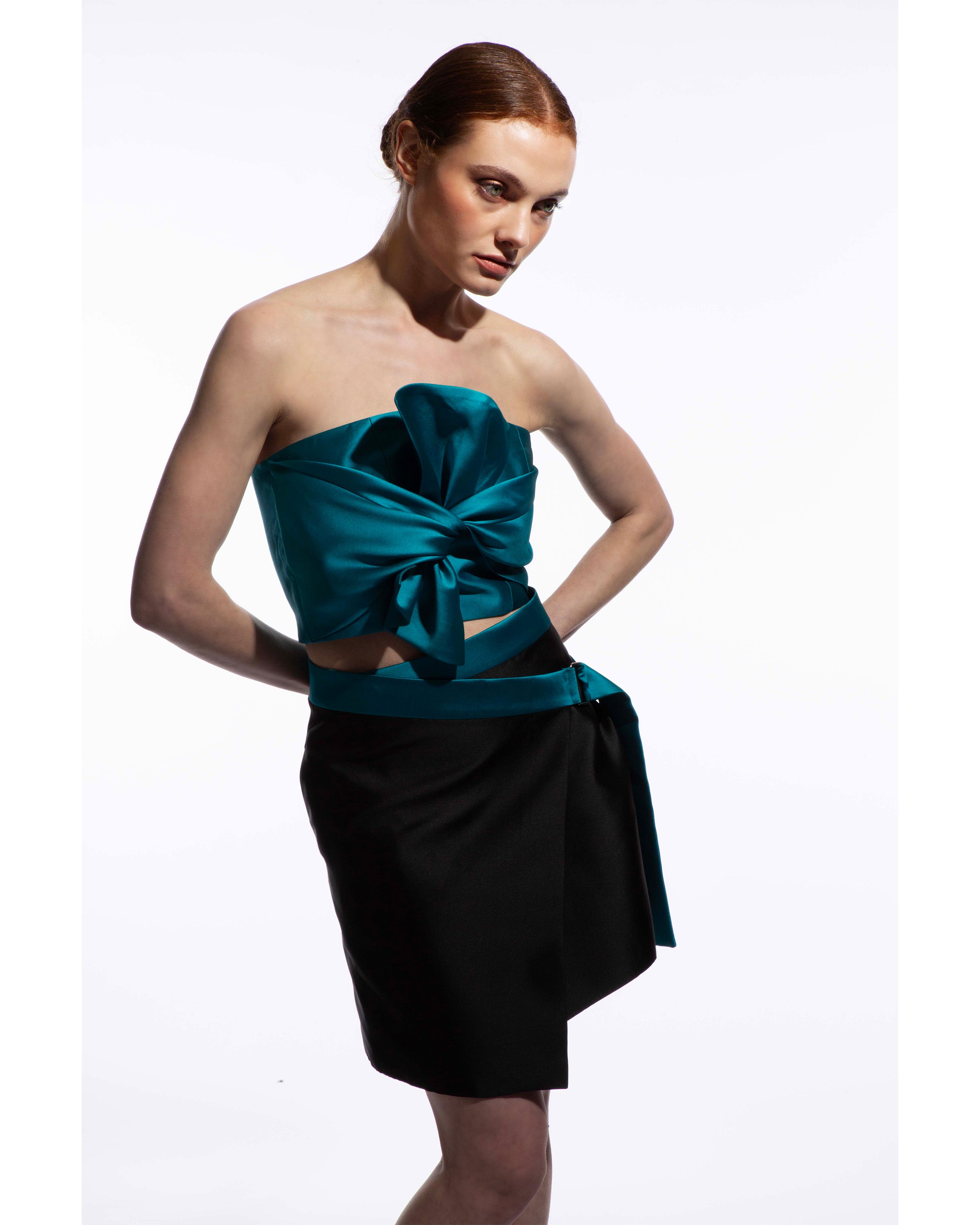 Model wearing Peggy wrap skirt paired with Whitney Bow Top- elegant autumn winter styling by ByVarga