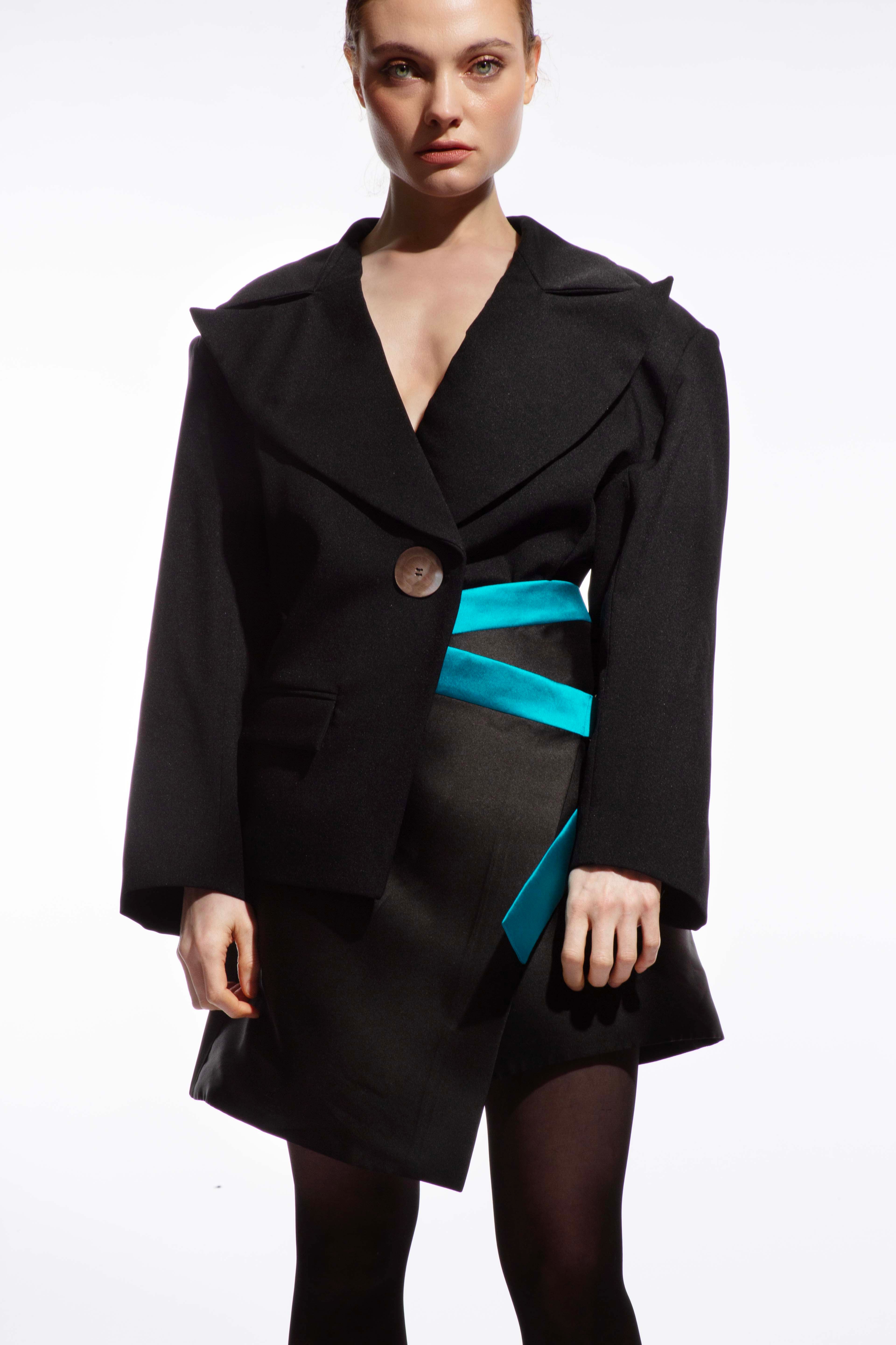 Model wearing Peggy wrap skirt paired with Kacey Blazer - elegant autumn winter styling by ByVarga