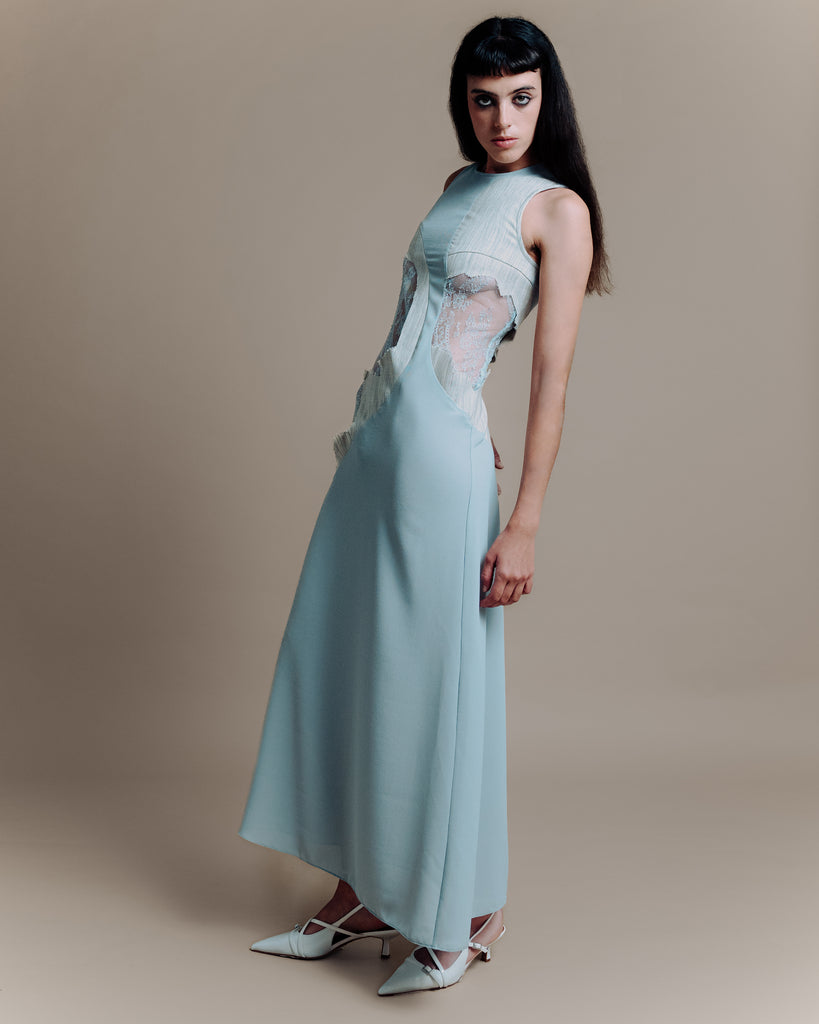 Full length view of Priss Dress showing maxi style and elegant proportions