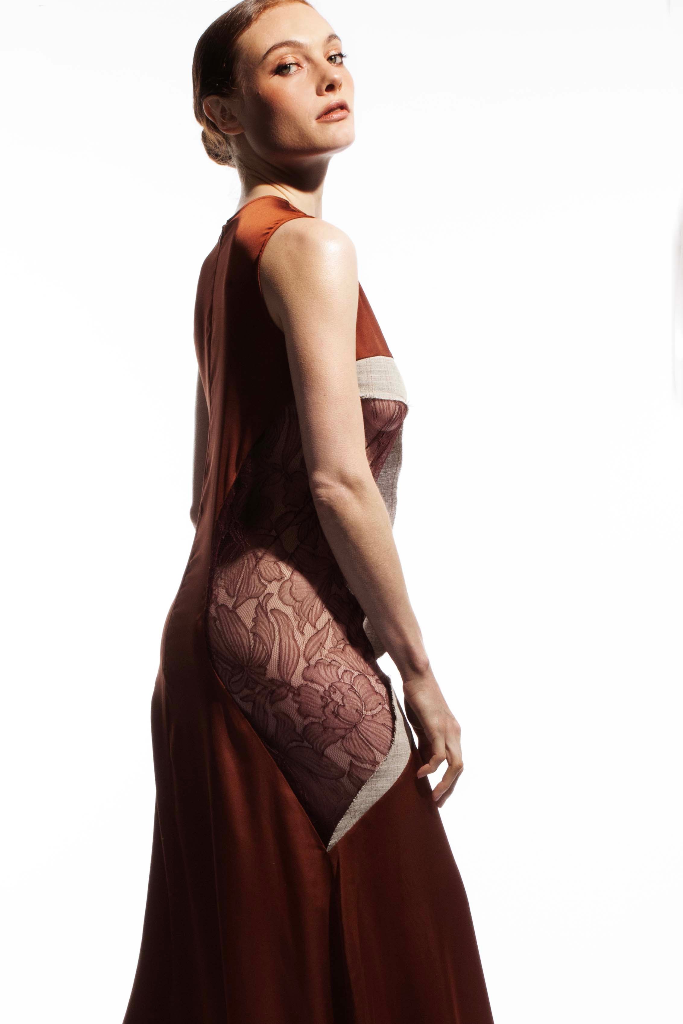 Priss maxi dress detail shot - curved lace  panels on model by ByVarga"