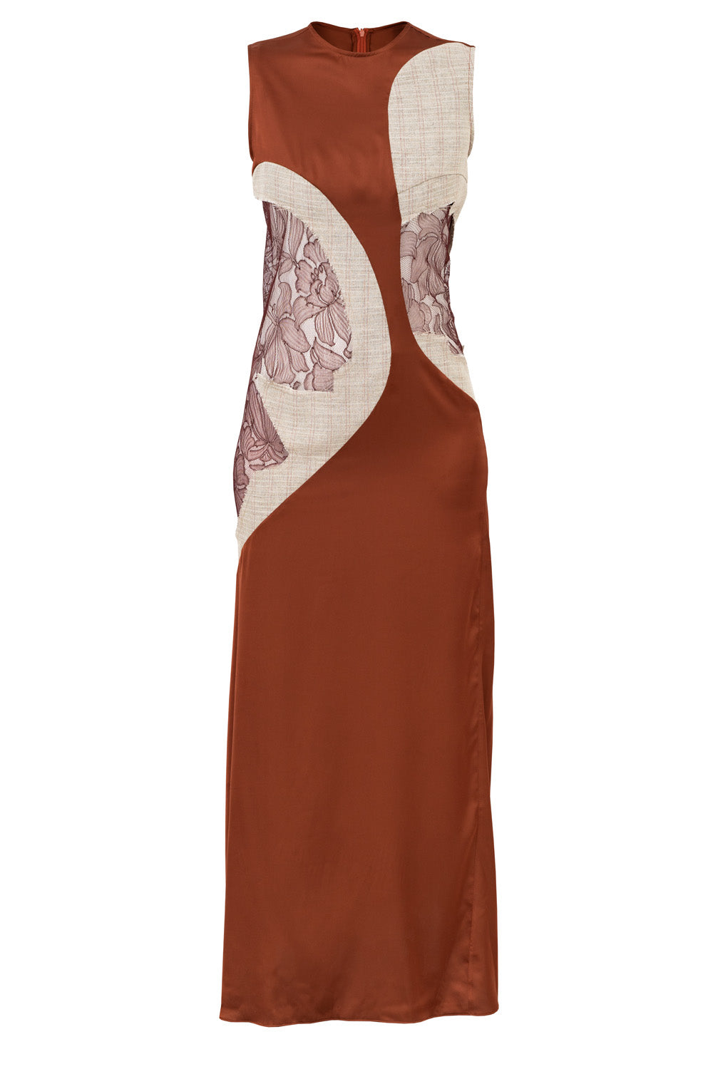Priss maxi dress front view, rust satin with lace panel details by ByVarga
