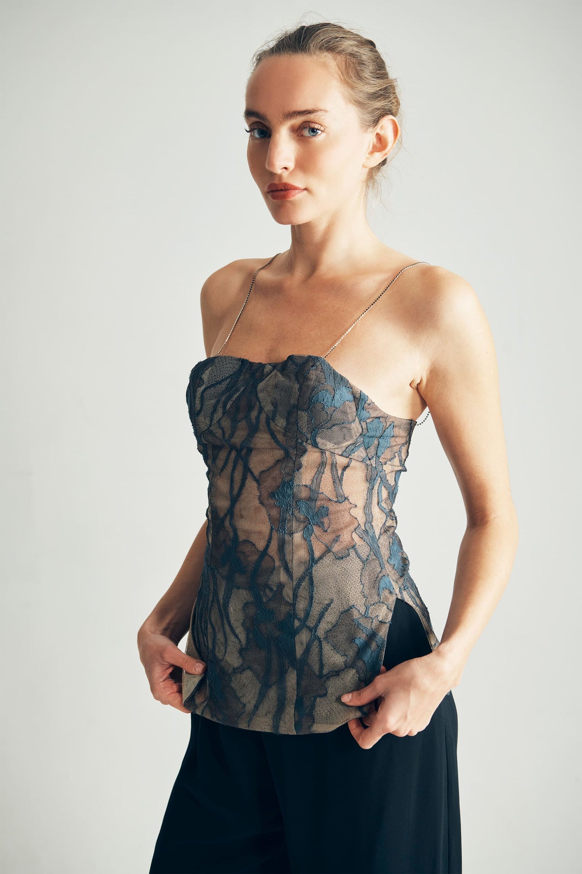 Model Wearing Suzie French Chantilly Lace Top Front View - ByVarga