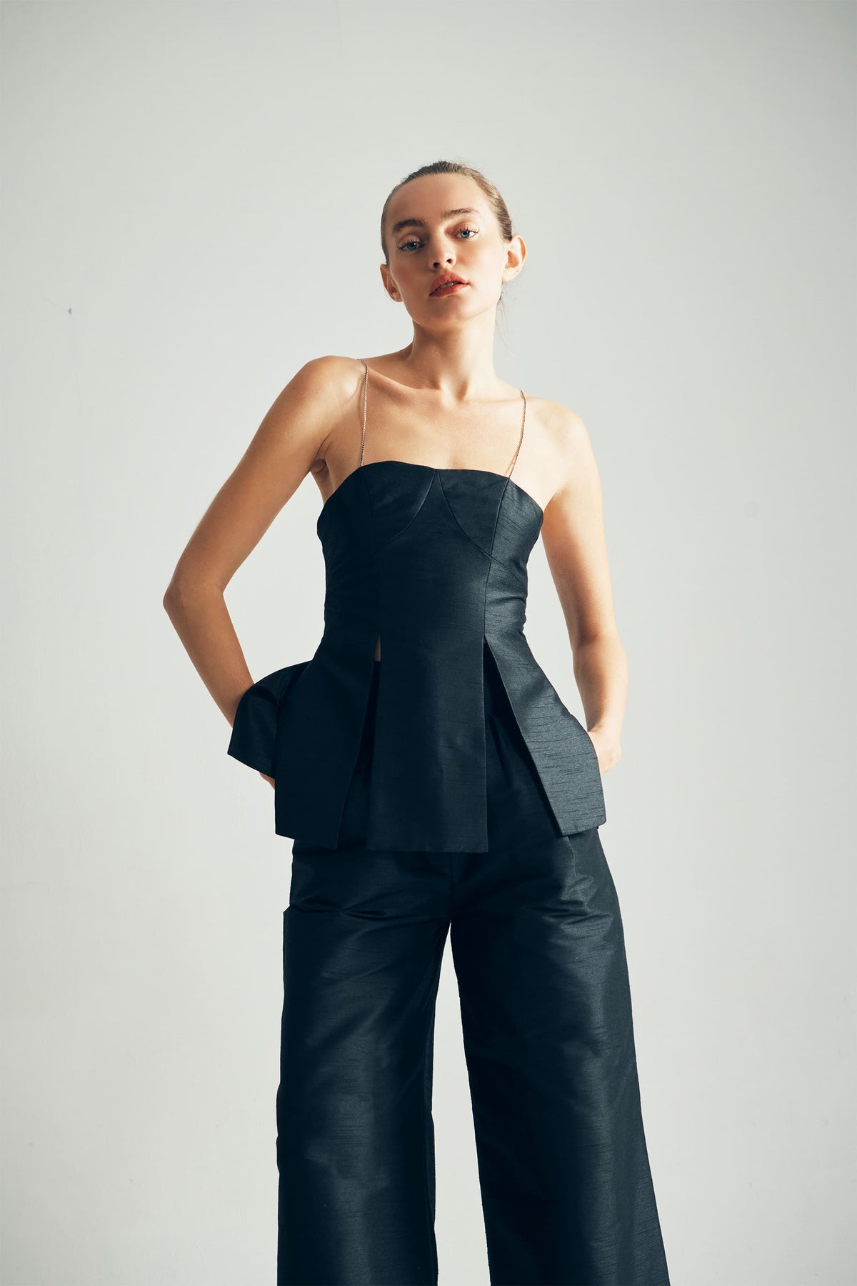 Model Wearing Suzie Taffeta Top Front View- ByVarga