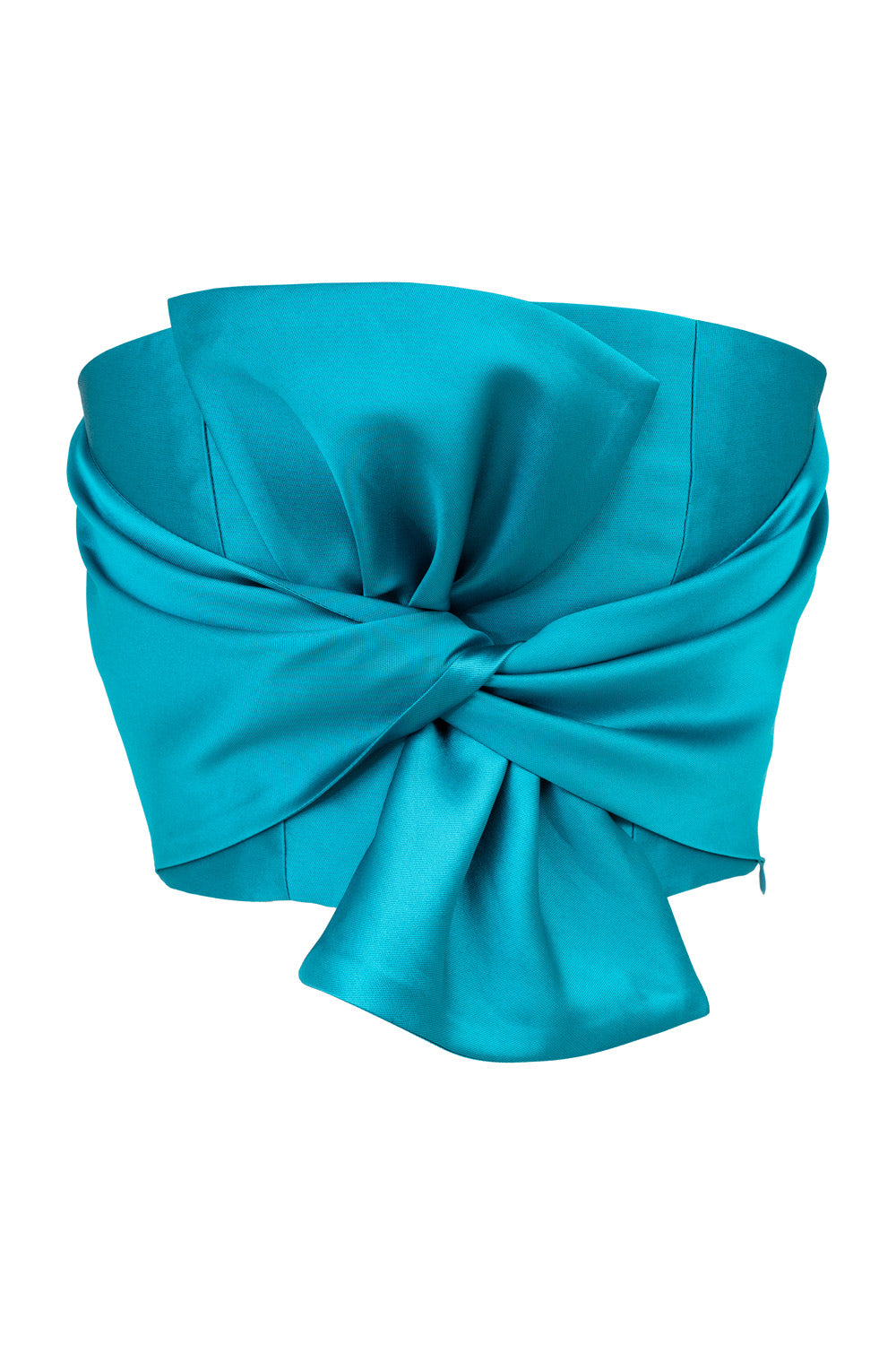 Whitney bow top front view - teal satin strapless top by ByVarga