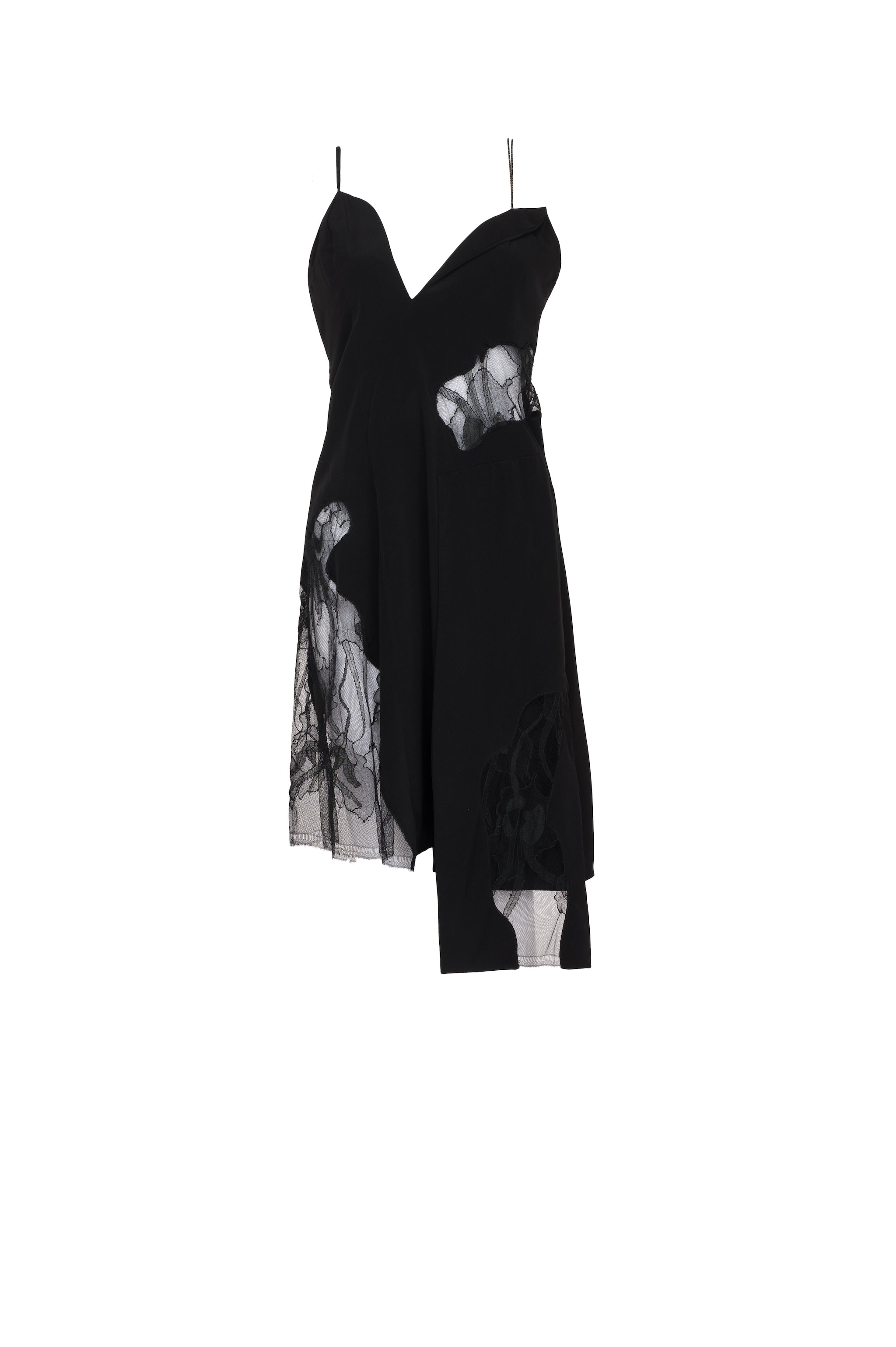 Front view of Jasmine Dress showing asymmetric French lace design and crystal double straps

