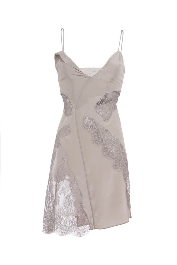 Luxurious Jasmine Silk Dress in elegant drape, showcasing premium silk fabric and metallic French lace details