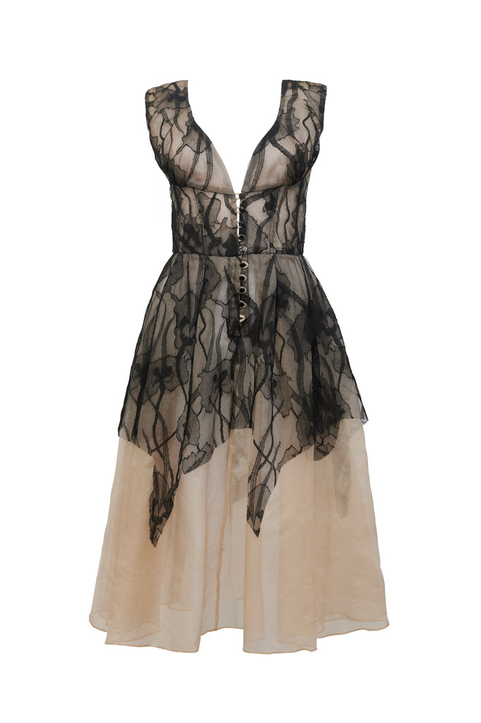 Full-length view of Lea Silk Organza Dress in nude colour, displaying the complete silhouette from neckline to hem
