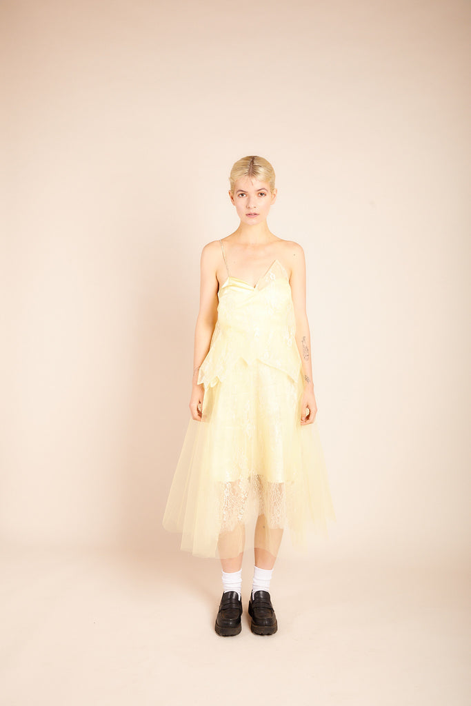Model wears the Luna Tulle and Silk Dress featuring premium silk body and ethereal tulle skirt, perfect for weddings and special occasions