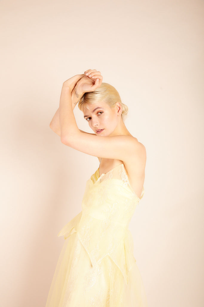 Close-up of Luna Tulle and Silk Dress showing intricate fabric details with silk body, lace and  tulle