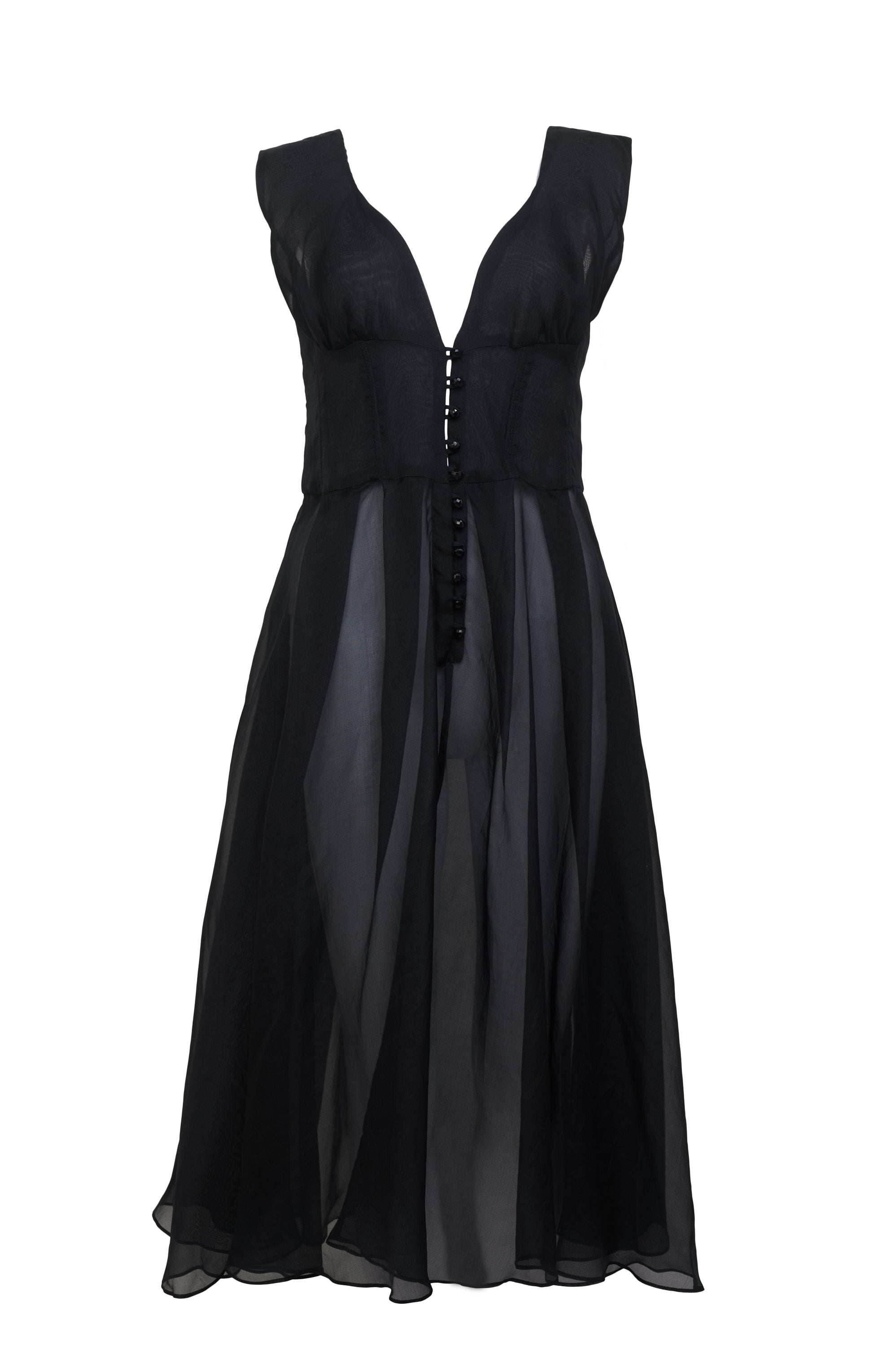 Full-length view of Monic Organza Silk Dress, displaying the complete silhouette from neckline to floor-length hem
 