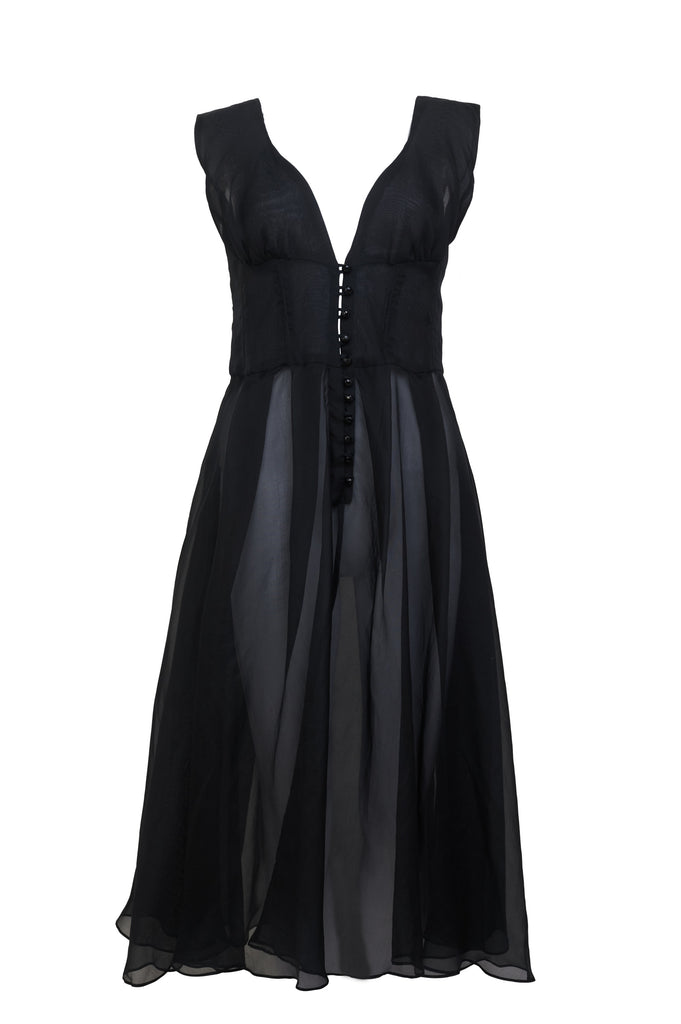 Full-length view of Monic Organza Silk Dress, displaying the complete silhouette from neckline to floor-length hem
 